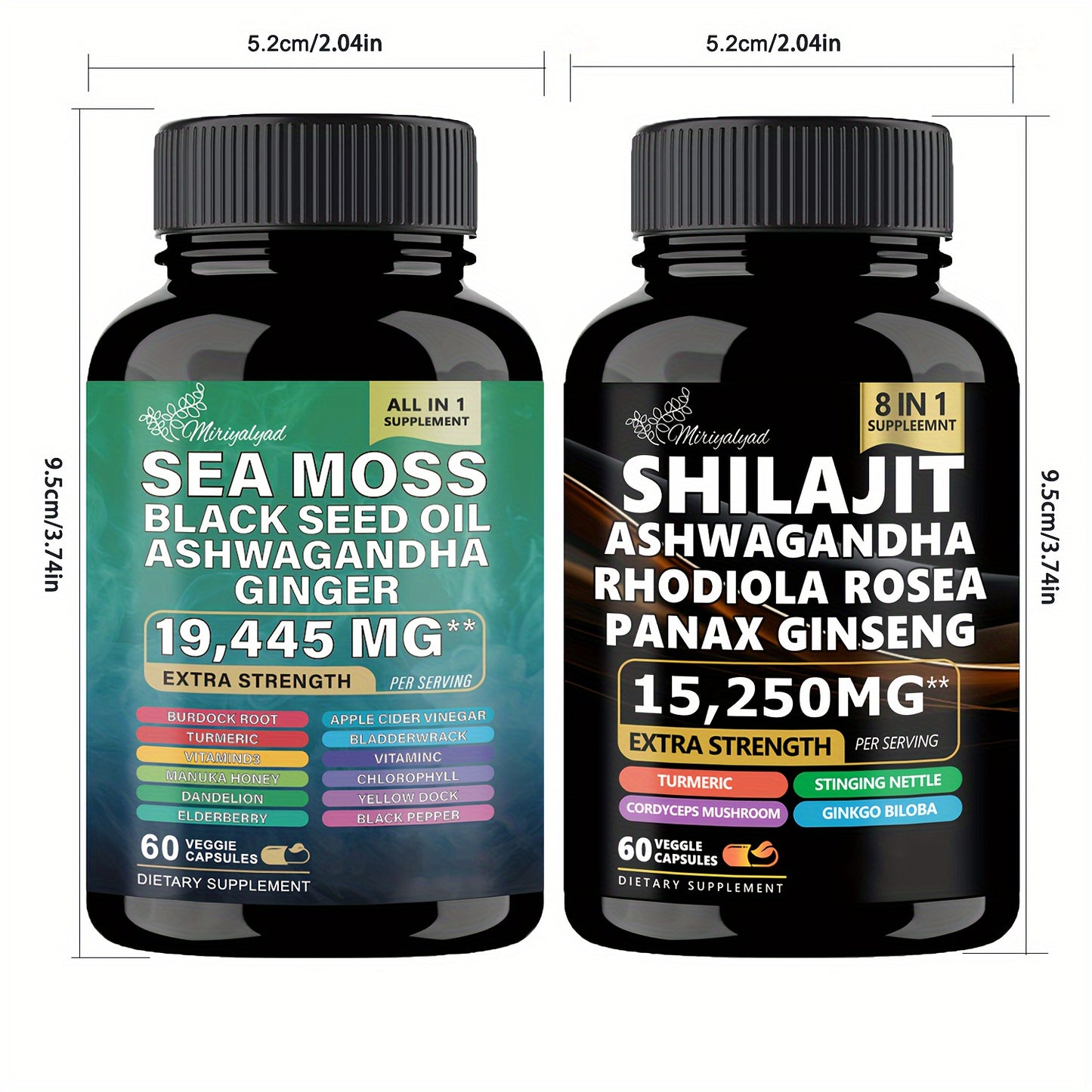 2bottles, Miriyalyluna, Wellness Bundles, Sea Moss 7000mg, Black Seed Oil 4000mg, Ashwagandha 2000mg, Ginger & Shilajit 9000mg, Rhodiola Rosea 1000mg, Panax Ginseng 1500mg, All-in-One Supplement Pills