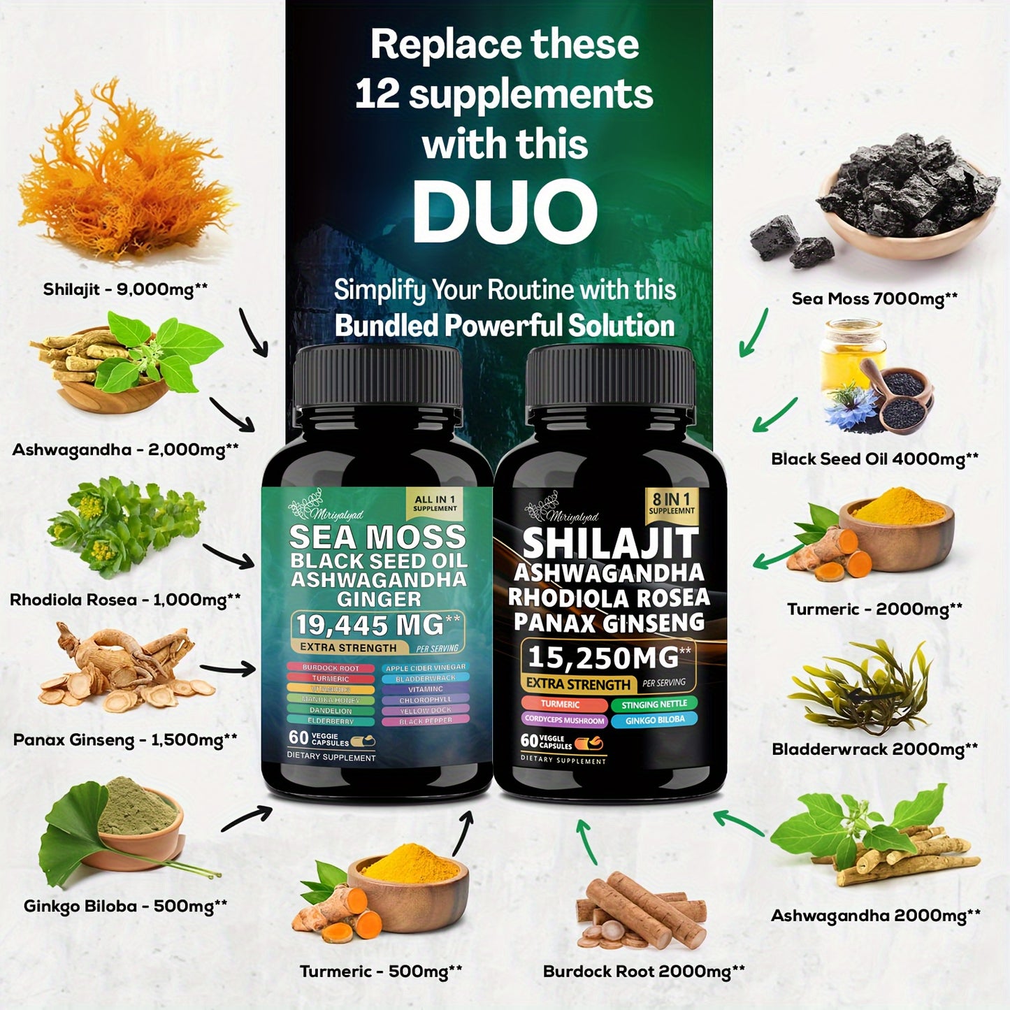 2bottles, Miriyalyluna, Wellness Bundles, Sea Moss 7000mg, Black Seed Oil 4000mg, Ashwagandha 2000mg, Ginger & Shilajit 9000mg, Rhodiola Rosea 1000mg, Panax Ginseng 1500mg, All-in-One Supplement Pills