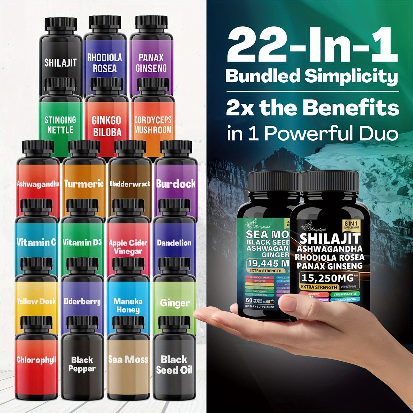 2bottles, Miriyalyluna, Wellness Bundles, Sea Moss 7000mg, Black Seed Oil 4000mg, Ashwagandha 2000mg, Ginger & Shilajit 9000mg, Rhodiola Rosea 1000mg, Panax Ginseng 1500mg, All-in-One Supplement Pills